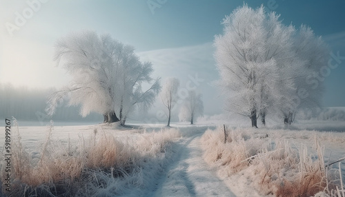 Frosty winter forest, tranquil beauty in nature generated by AI