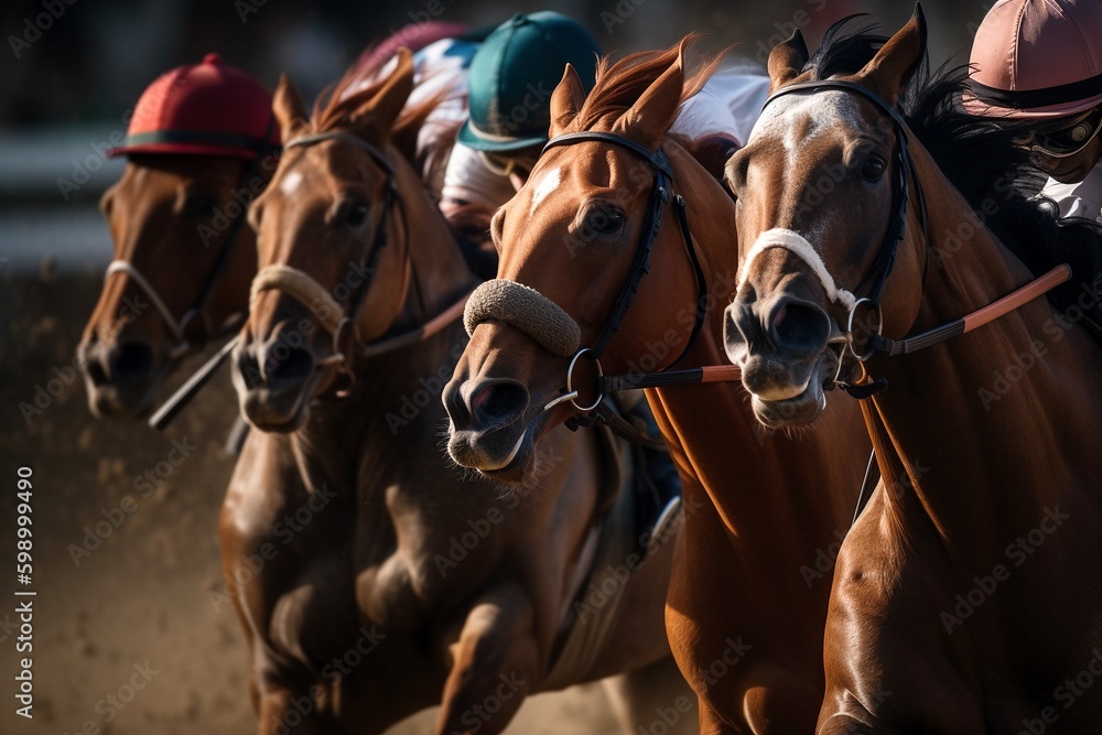 Obraz premium Title (15 words): Racing Horses and Jockeys, Intense Race, Thrilling Finish, High-Speed Competition, Equestrian Drama, Generative AI