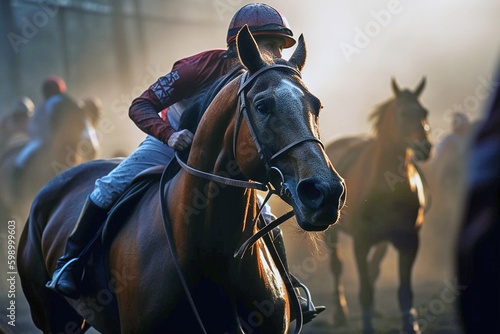 Racing Horse and Jockey, Intense Race, High-Speed Dash, Down the Track, Equestrian Excitement, Generative AI © Digital Dreamscape