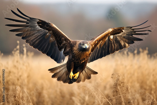 Closeup of a golden eagle flying over a field with its wings wide open. Generative ai © ako-photography