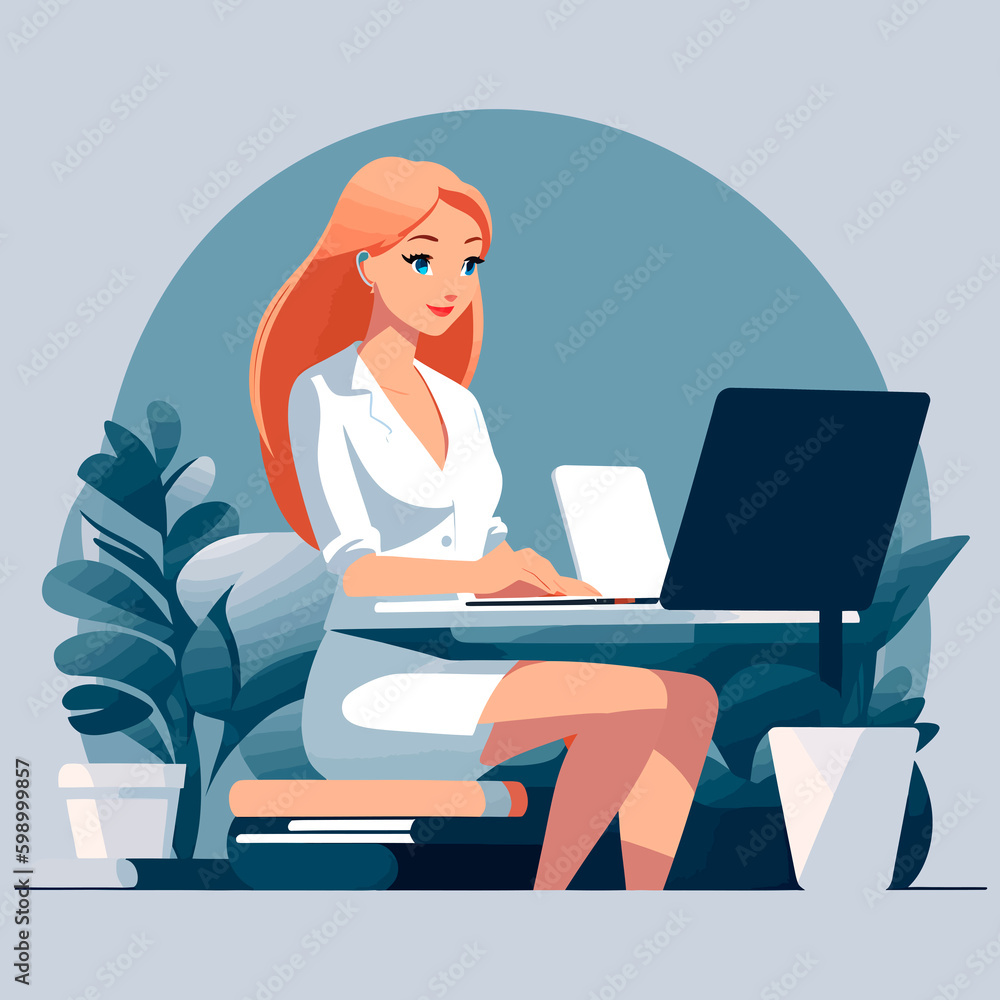 young woman working with laptop in office illustration young woman working with laptop in office illustration