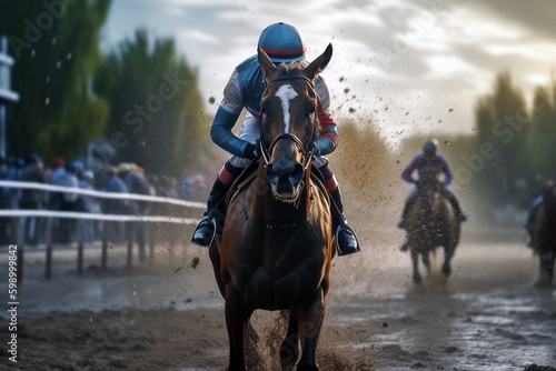 Racing Horse and Jockey, Intense Race, High-Speed Dash, Down the Track, Equestrian Excitement, Generative AI
