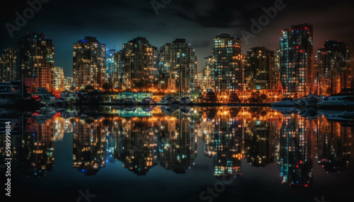 Modern city skyline reflects in waterfront at dusk generated by AI © Jeronimo Ramos