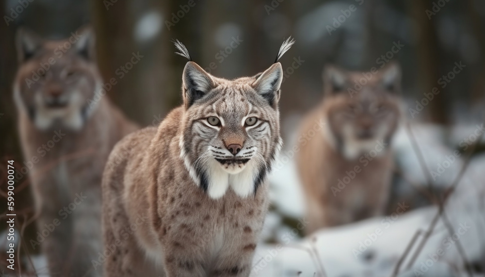 Fierce feline family walking through winter wilderness generated by AI
