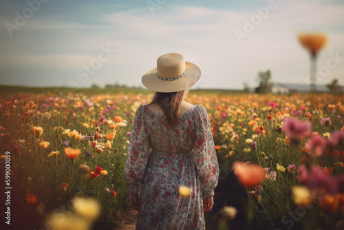 boho woman in hat seen from behind  . flowers field   ai generative