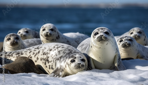 Fur seals resting on ice floe, tranquility generated by AI