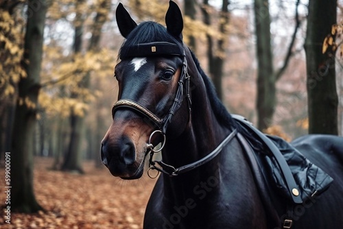 Beautiful Black Horse, Wooded Park, Rainy Day, Majestic Stance, Nature's Splendor, Equine Elegance, Generative AI