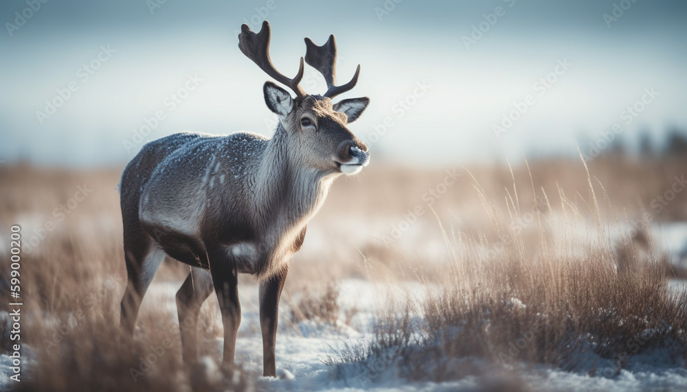 Obraz premium Horned stag stands in snow covered meadow generated by AI