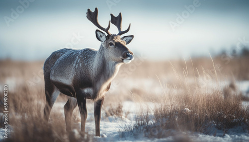 Horned stag stands in snow covered meadow generated by AI