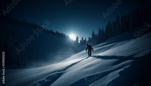 Silhouette of snowboarder gliding through powder snow generated by AI