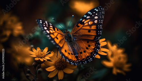 Vibrant butterfly wing on yellow flower petal generated by AI