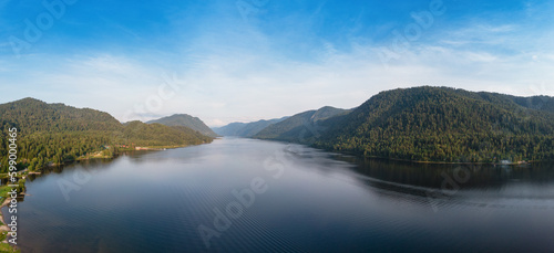 Aerial view on Teletskoye lake in Altai mountains, Siberia, Russia. Drone shot. Beauty summer day.