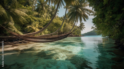 A tropical island with crystal-clear water  lush greenery  and white sand beaches  generative AI