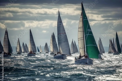 Multiple Racing Sailboats, Fierce Competition, Nautical Skill, Ocean Adventure, High-Seas Battle.