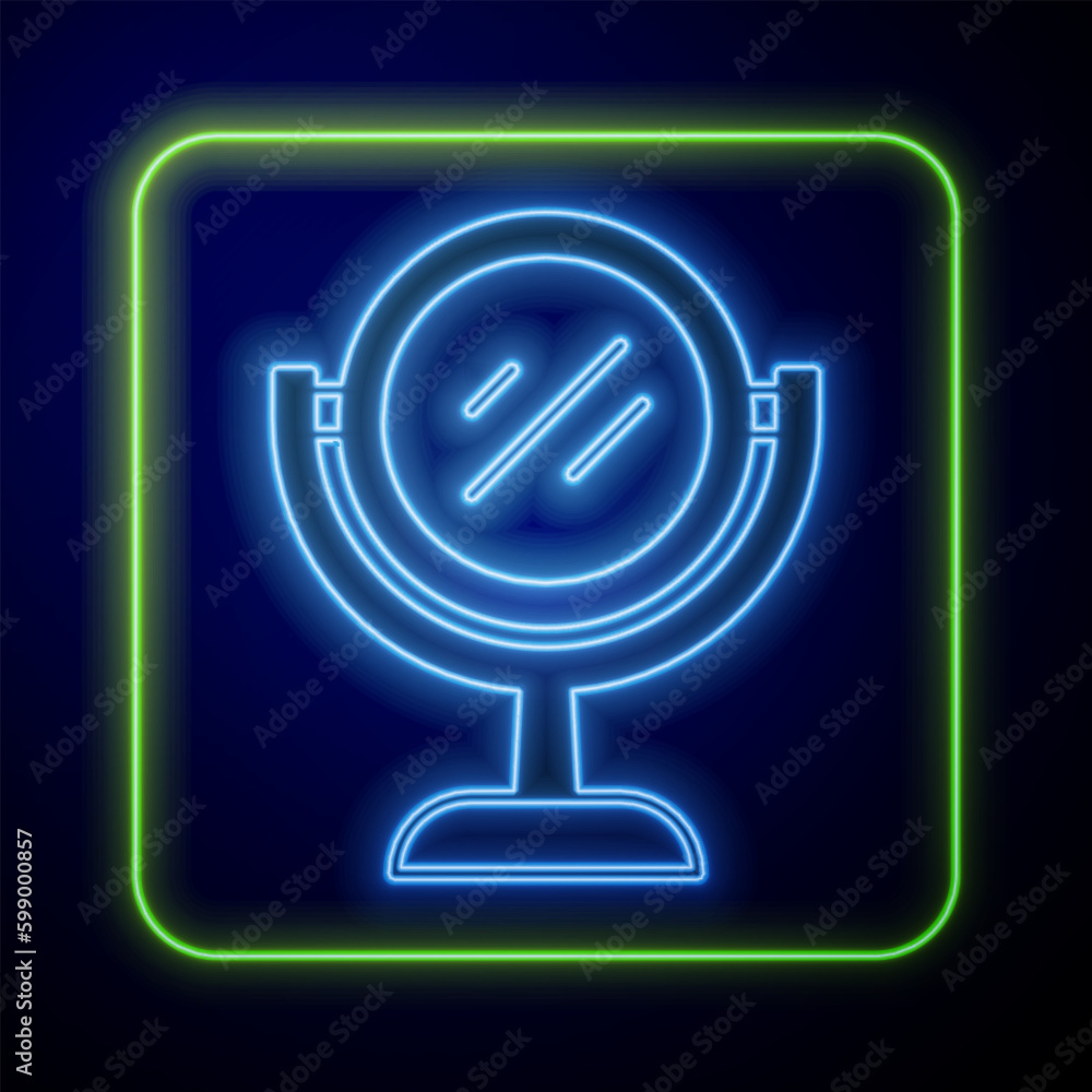 Glowing neon Hand mirror icon isolated on blue background. Vector Glowing neon Hand mirror icon isolated on blue background. Vector