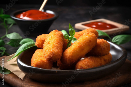 Homemade Deep Fried Mozzarella Sticks with Marinara Sauce. Close-up. Generative AI content