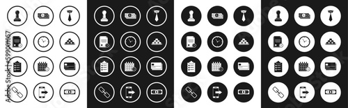 Set Tie, Clock, Finance document, Stamp, Gold bars, Stacks paper money cash, Credit card and Clipboard with checklist icon. Vector