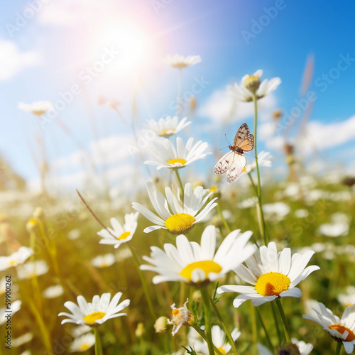 Panoramic natural spring landscape with green field flowers and sun. generative ai, Beautiful field meadow flowers chamomile in morning against blue sky with clouds, nature 