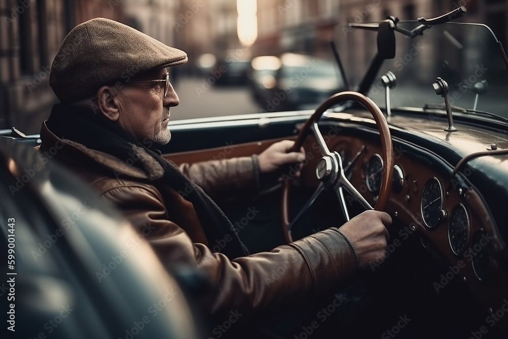 Close-up do homem dirigindo um carro antigo na rua