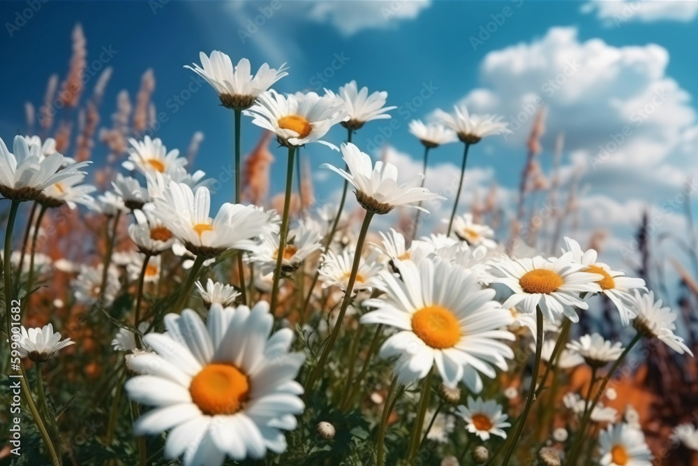 Panoramic natural spring landscape with green field flowers and sun. generative ai, Beautiful field meadow flowers chamomile in morning against blue sky with clouds, nature Panoramic natural spring landscape with green field flowers and sun. generative ai, Beautiful field meadow flowers chamomile in morning against blue sky with clouds, nature