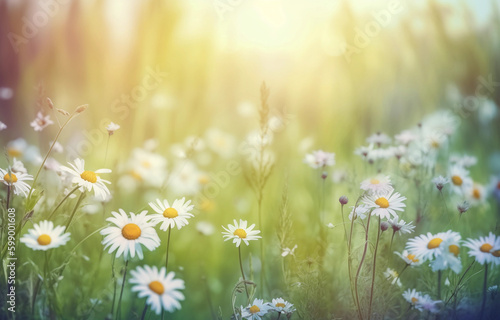 Panoramic natural spring landscape with green field flowers and sun. generative ai  Beautiful field meadow flowers chamomile in morning against blue sky with clouds  nature  portrait