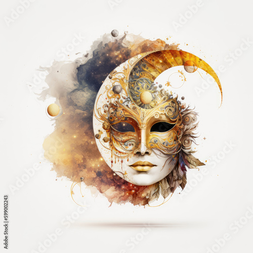 Venetian carnival mask. Moon mask, Masquerade mask on white background. Crescent moon, half moon. Generative ai illustration in watercolor style