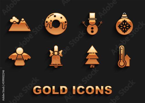 Set Merry Christmas ringing bell, ball, Meteorology thermometer measuring, tree, angel, snowman, Mountains and Donut with sweet glaze icon. Vector