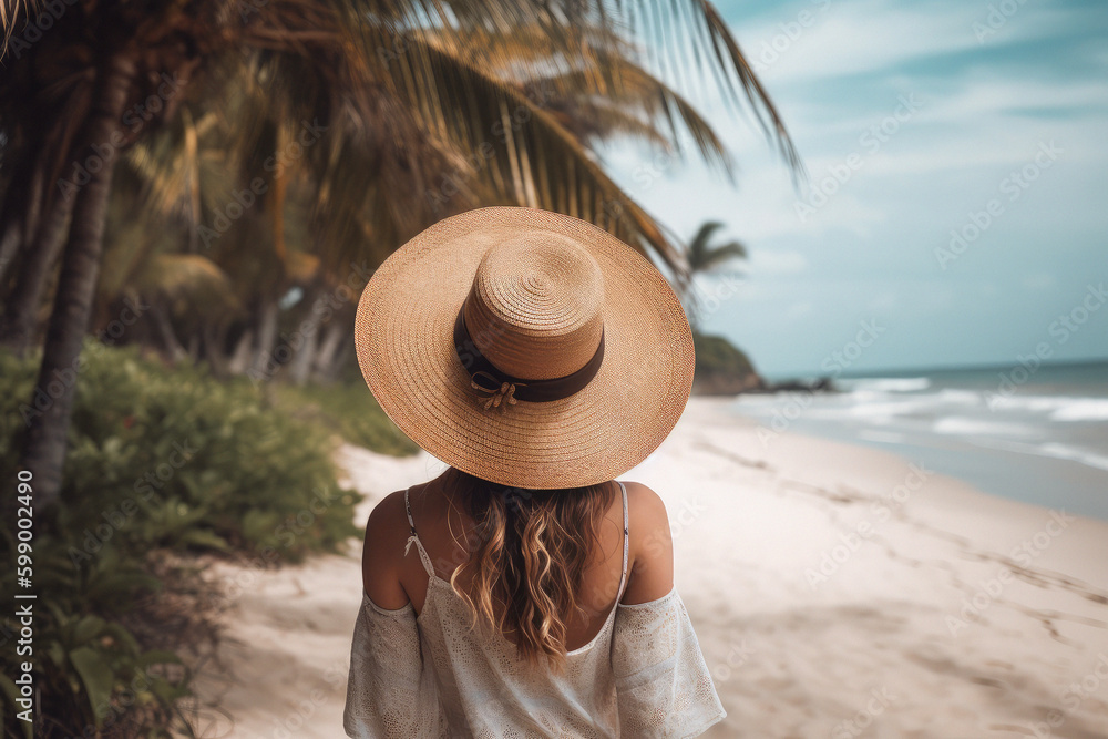 boho woman in hat seen from behind  . tropical beach, ai generative