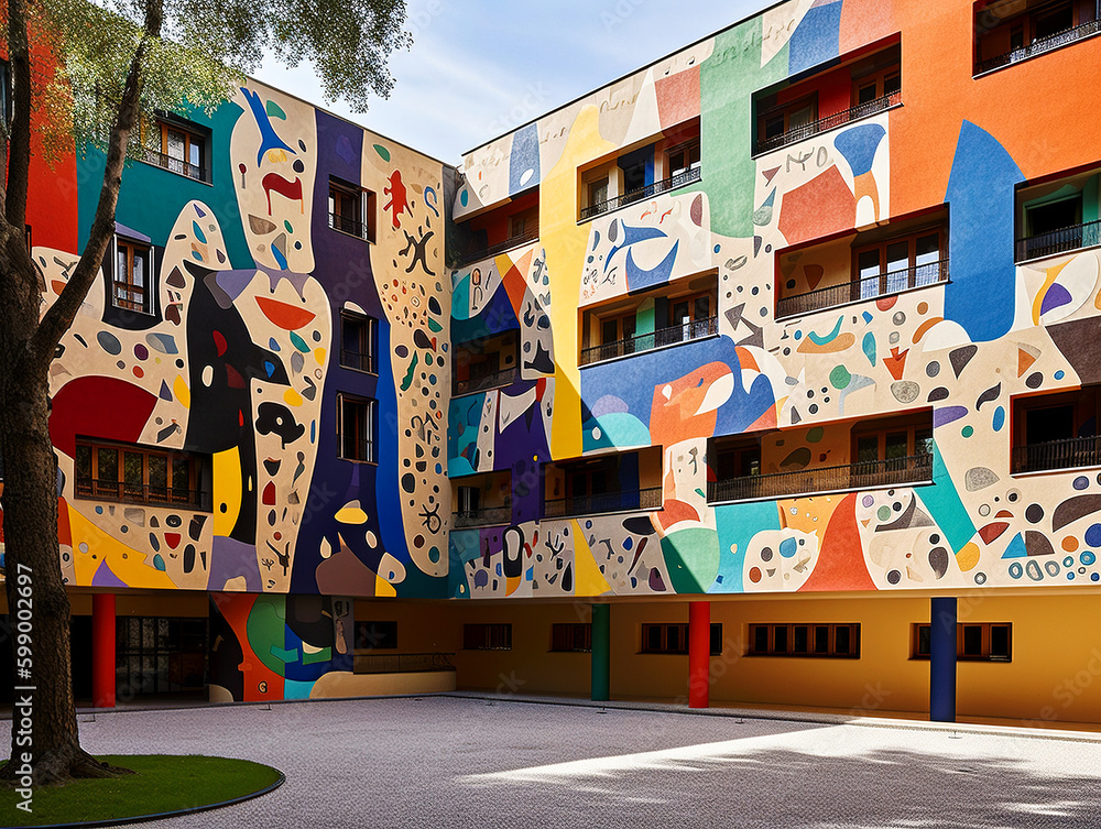 A Colorful Schoolyard with Naive Murals - generative AI