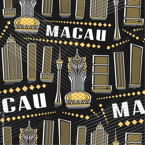 Vector Macau Seamless Pattern, square repeating background with illustration of famous asian macau city scape on dusk background for wrapping paper, decorative line art urban poster with text macau photo