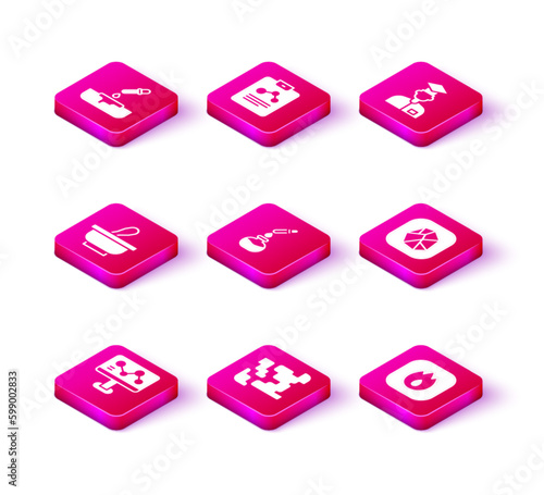 Set Chemical formula, Gaseous, Mortar and pestle, Test tube flask, Fire flame, Salt stone, Laboratory assistant and Chemistry report icon. Vector
