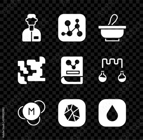Set Laboratory assistant, Chemical formula, Mortar and pestle, Molecule, Salt stone, Water drop, Gaseous and Chemistry book icon. Vector