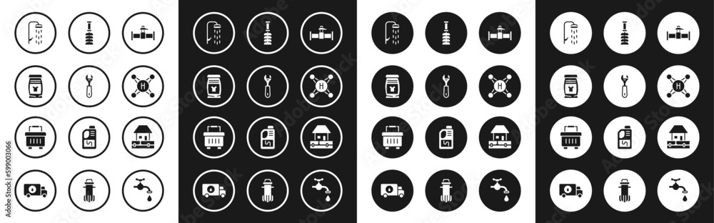 Set Industry pipe and valve, Wrench spanner, Laundry detergent, Shower, Water tap, Toilet brush, supply pipes and Toolbox icon. Vector Set Industry pipe and valve, Wrench spanner, Laundry detergent, Shower, Water tap, Toilet brush, supply pipes and Toolbox icon. Vector