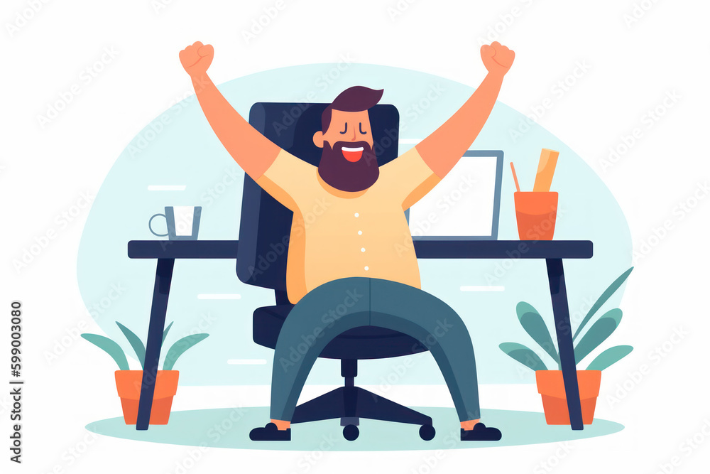 Very happy man in the office in front of a computer on white background, generative ai
