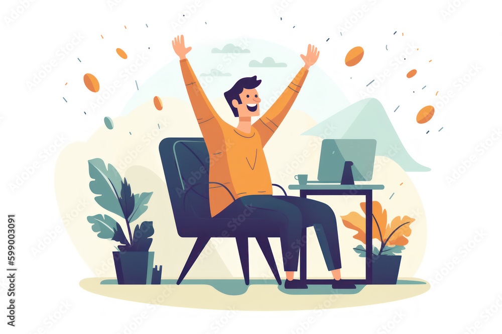Very happy man in the office in front of a computer on white background, generative ai Very happy man in the office in front of a computer on white background, generative ai