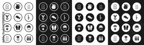 Set Military dog tag, Gas mask, reward medal, rank, Police rubber baton, Hand grenade, helmet and Airdrop box icon. Vector