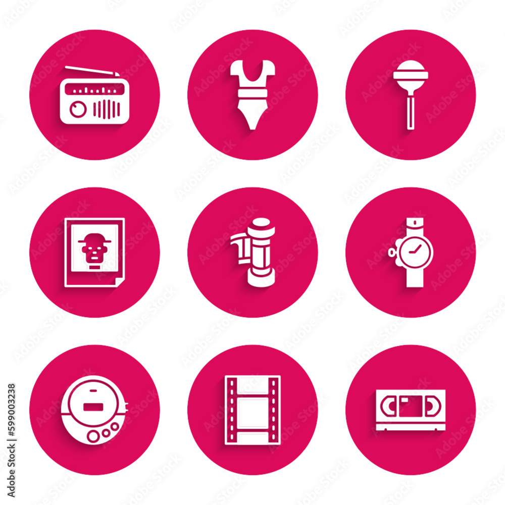 Set Camera roll cartridge, Play Video, VHS video cassette tape, Wrist watch, Music CD player, Photo, Lollipop and Radio with antenna icon. Vector Set Camera roll cartridge, Play Video, VHS video cassette tape, Wrist watch, Music CD player, Photo, Lollipop and Radio with antenna icon. Vector