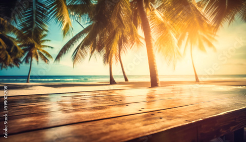 wooden table and palm trees on a tropical beach
