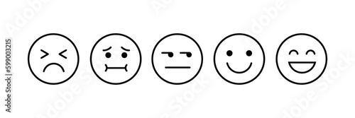Satisfaction Rating, Sad and Happy, Flat outline Emoji Icons, Different mood emoji, Feedback emoji slider,  facial expression emojis, User experience, Ranking, Testimonial Template. Testimony