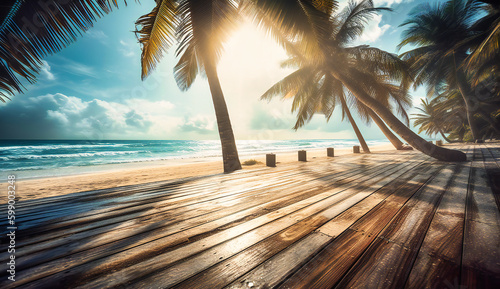 view of palm trees on the beach with a wooden deck and turquoise ocean