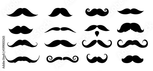 Set of Mustache isolated on white background. Collection of moustache facial hair for men, barber hairstyle elements. Vector illustration