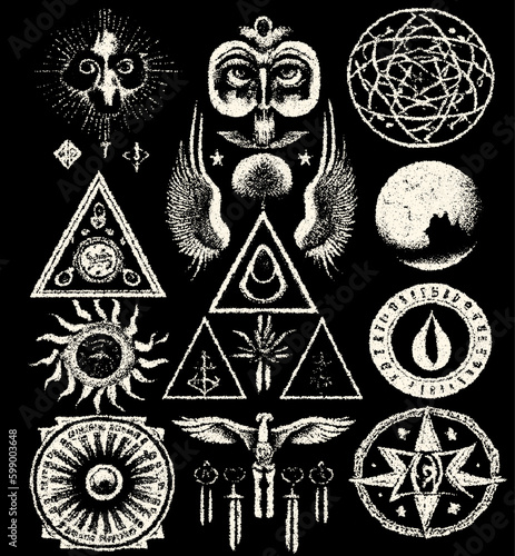 Occult symbols composition in dotwork style. Abstract mystic elements, floral wreath and sacred triangle in retro flat lay composition.