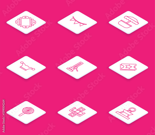 Set line Ticket, Carnival garland with flags, Attraction carousel, Jester hat bells, High striker attraction big hammer, Lollipop and icon. Vector