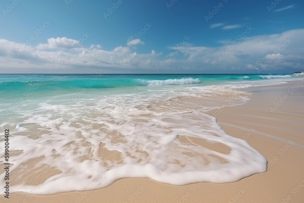 Beautiful panoramic seascape with surf waves against a blue sunny sky with clouds. Natural Mediterranean beach. White clouds in blue sky are reflected in water. Beautiful panoramic seascape with surf waves against a blue sunny sky with clouds. Natural Mediterranean beach. White clouds in blue sky are reflected in water.