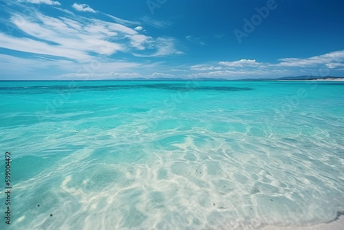 Beautiful sandy beach with white sand and rolling calm wave of turquoise ocean on Sunny day. White clouds in blue sky are reflected in water. Maldives, perfect scenery landscape, copy space. 
