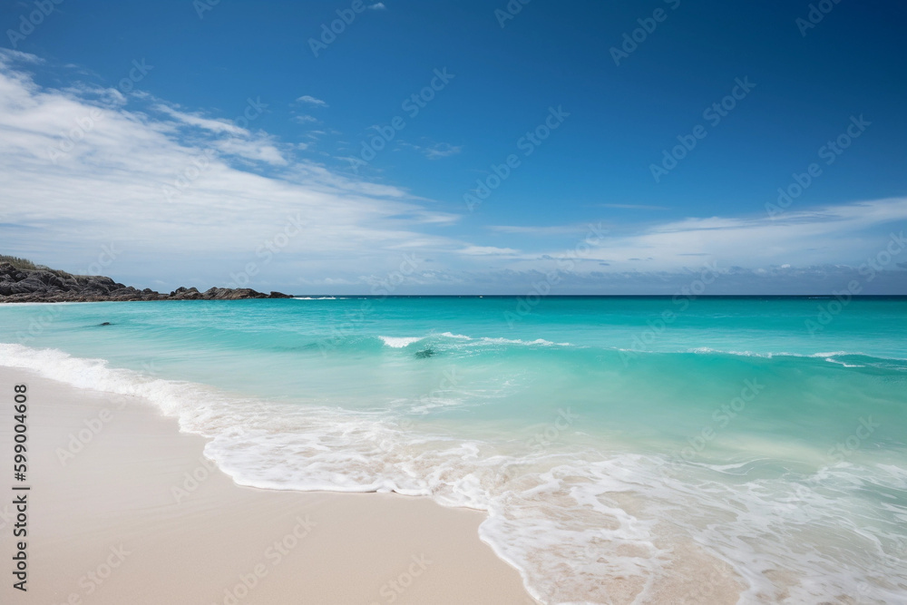 Beautiful sandy beach with white sand and rolling calm wave of turquoise ocean on Sunny day. White clouds in blue sky are reflected in water. generative ai, perfect scenery landscape, copy space. 