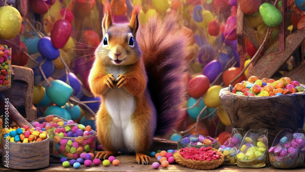 squirrel unexpectedly finding a treasure trove of colorful treats, Generative AI