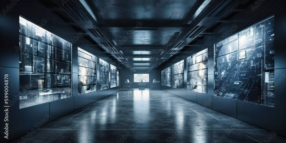 the interior of an artificial walkway by the entrance wall of a large concrete structure