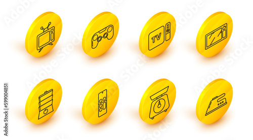 Set line Electric iron, Scales, Remote control, Double boiler, Microwave oven, TV box receiver and player with remote controller, Gamepad and Television icon. Vector