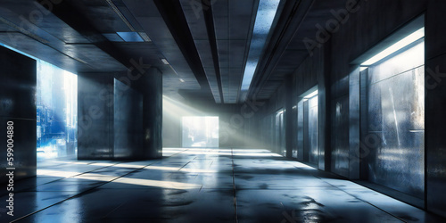 the interior of an artificial walkway by the entrance wall of a large concrete structure